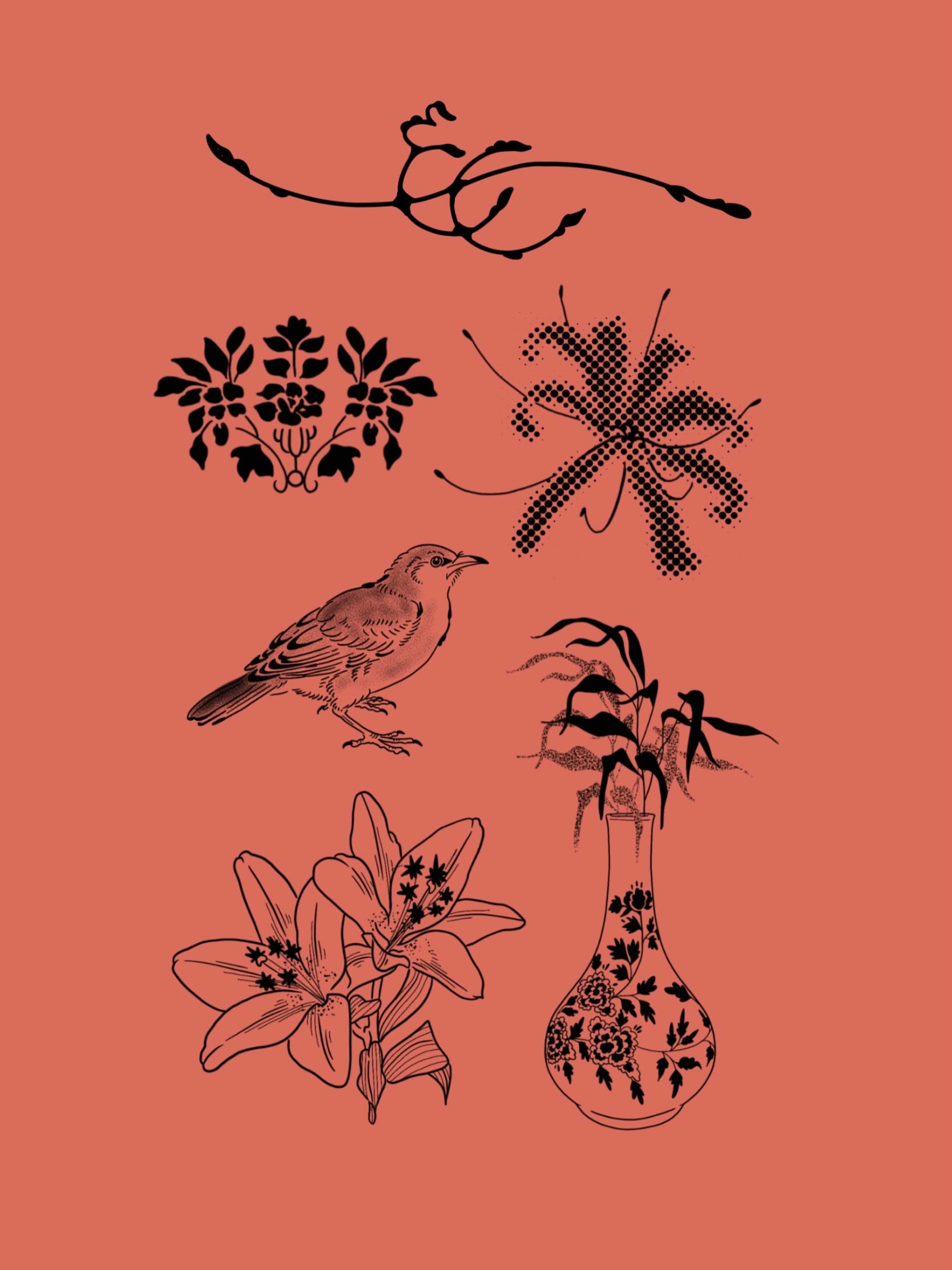 Flash sheet on coral: a songbird, lilies, a palm in halftone, a patterned vase and black florals