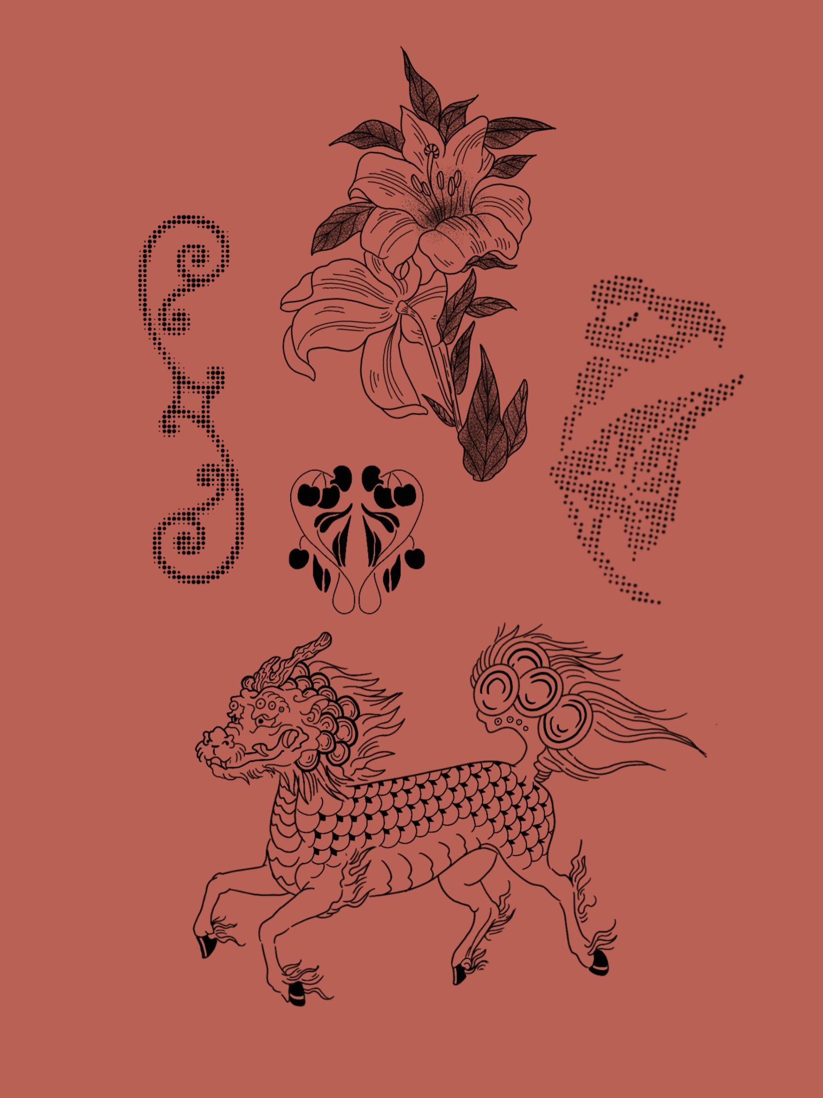 Flash sheet on brick red: a kirin, a lily and halftone scrollwork