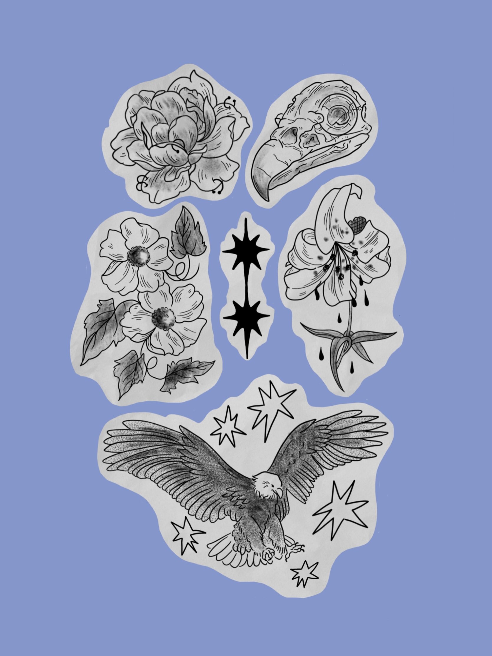 Flash sheet on blue: roses, an eagle, stars and a bird skull, shaded