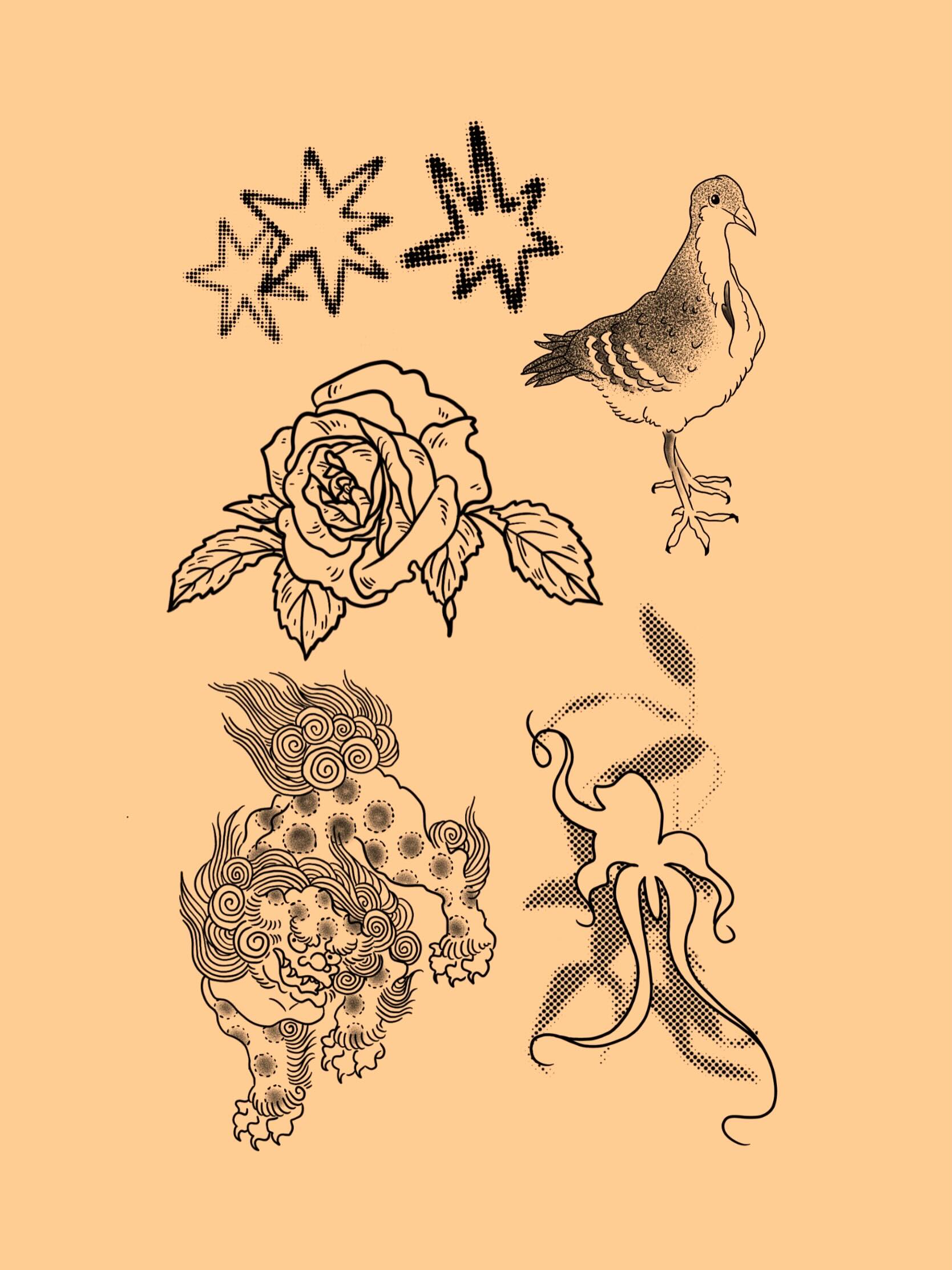 Flash sheet on peach: a rose, a dove, a foo dog and starbursts